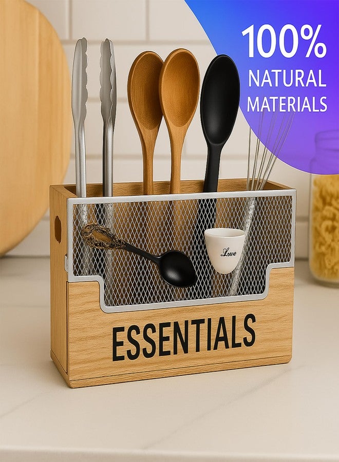 Zentora Extra Large Kitchen Utensil Organizer with 4 Compartments, Wooden Utensil Holder for Countertop, Rustic Kitchen Utensil Holder for Silverware & Cooking - Image 3